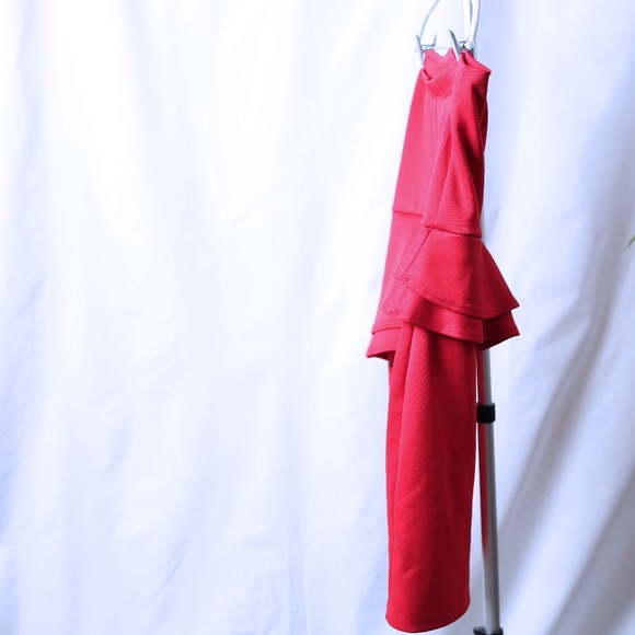 Red Strapless Asymmetrical Peplum Dress - Picture 3 of 3